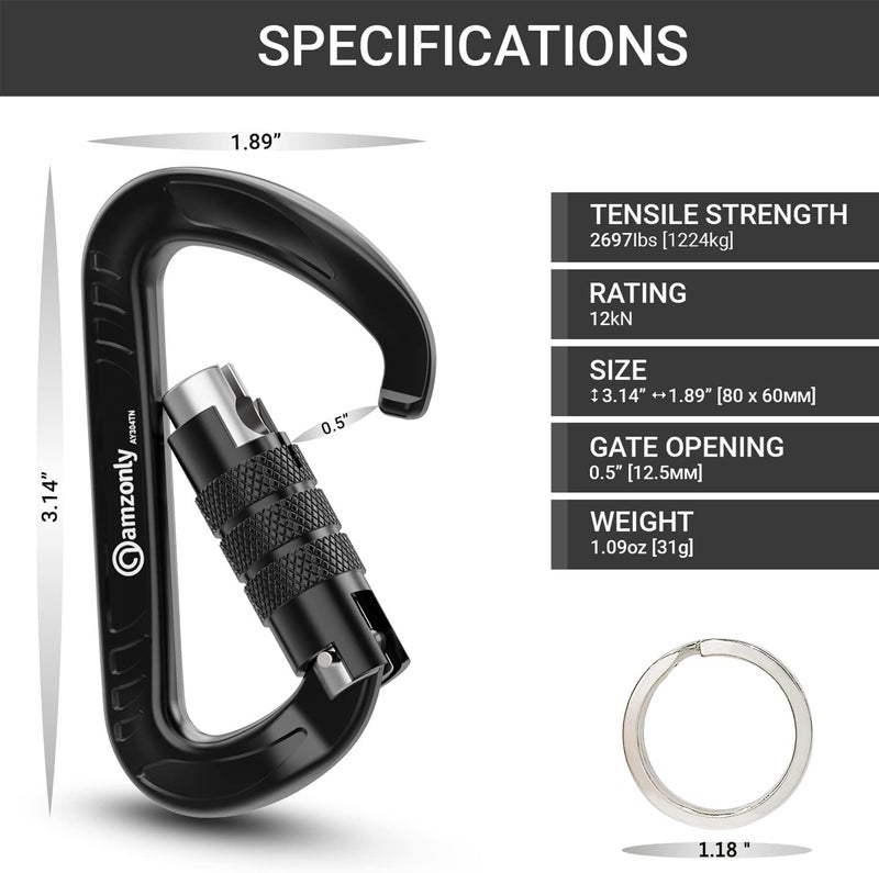 Amzonly 3inch Auto Locking Carabiner Clips Heavy Duty, 12KN /2697lbs Lightweight keychain carabiners, Sturdy Twist Lock Caribeeners for Camping Hiking Hammock Swing Backpack, dog leash and Harness etc - Image 2